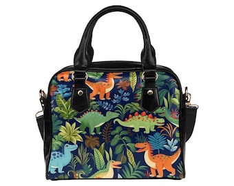 Dinosaur Purse, Tropical Dino Pattern Cute Small Shoulder Zip Bag Vegan Leather Women Designer Handbag Crossbody