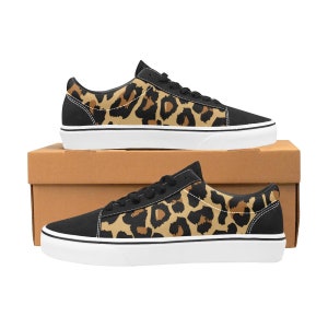 Leopard Women Shoes, Animal Print Cheetah Ladies Vegan Faux Suede Leather Lace Up Canvas Black Brown Sneakers