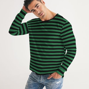 Black Green Striped Men Long Sleeve Tshirt, Stripes Unisex Guys Women Designer Graphic Aesthetic Printed Crew Neck Tee Shirt Top