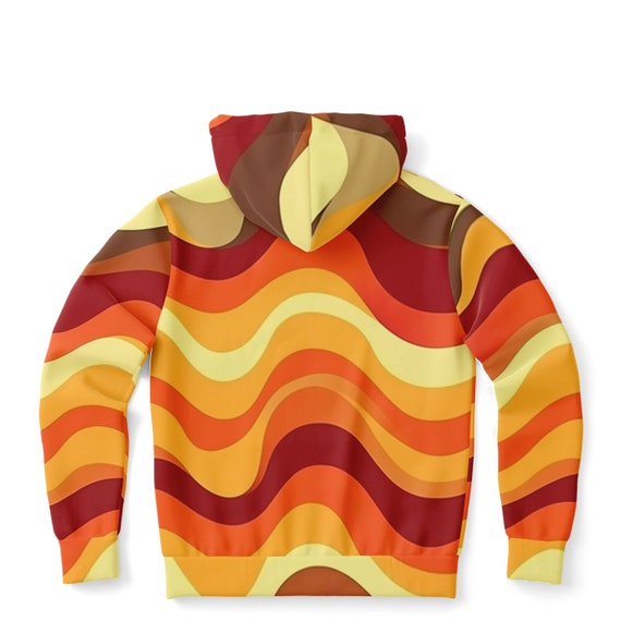 70s Retro Zip up Hoodie, Wavy Stripes Orange Brown Vintage Full