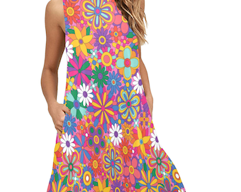 May include: A sleeveless, pink, floral print dress with a scoop neck and pockets. The dress has a retro, 1960s style.