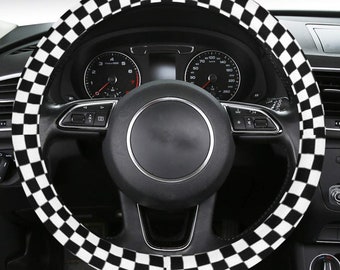 Checkered Steering Wheel Cover with Anti-Slip Insert, Racing Check Checkerboard Men Women Squares Black White Print Car Auto Wrap Protector