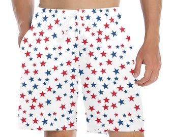 American Flag Stars Men Swim Trunks, Red White Blue Shorts USA Beach Pockets Mesh Lining Drawstring 4th of July Bathing Plus Size Patriotic