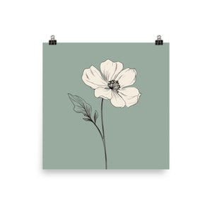 Sage Green Wall Art Poster, Floral Botanical Line Drawing Retro Vintage Print Boho Square Artwork Small Large Decor Paper