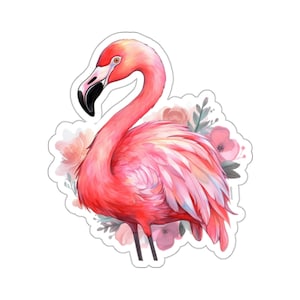 Pink Flamingo Sticker, Floral Watercolor Laptop Decal Vinyl Cute Small Large Waterbottle Tumbler Car Waterproof Aesthetic Die Cut Wall Mural