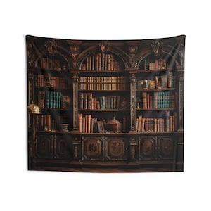 May include: A dark wood bookcase with ornate carvings and multiple shelves filled with leather-bound books. The bookcase has a dark wood base with intricate carvings.