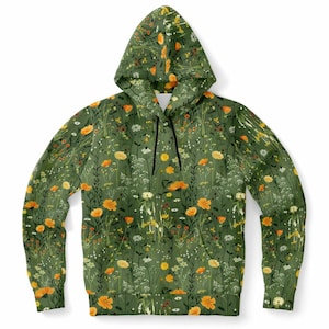 Wildflowers Green Hoodie, Olive Floral Flowers Pullover Men Women Adult Aesthetic Graphic Cotton Hooded Sweatshirt with Pockets