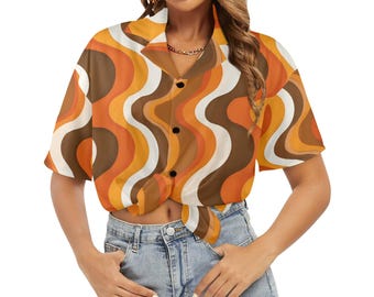 70s Wavy Stripe Women Hawaiian shirt, Retro Vintage Summer Tropical Print Vintage Retro Hawaii Aloha Button Up Down Plus Size Ladies Blouse