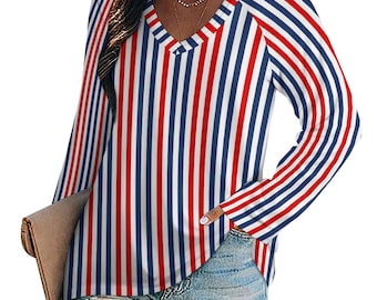 Camiseta de manga larga roja, blanca y azul para mujer, Camiseta holgada de diseño patriótico vintage a rayas con cuello en V, Camiseta estética para mujer