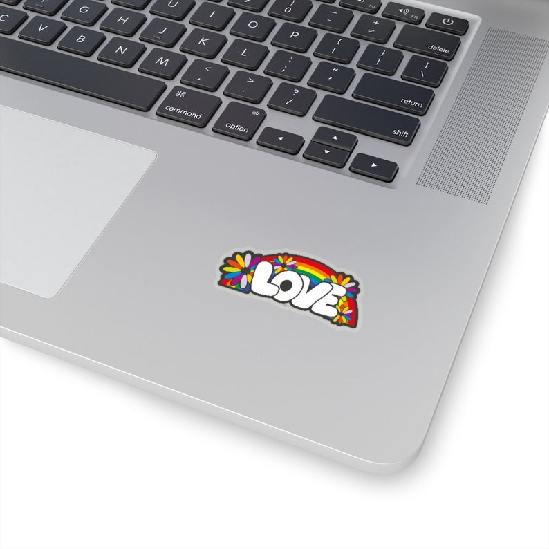 May include: A sticker with a rainbow arch and the word "LOVE" in white letters with a black outline. The rainbow is made up of the colors red, orange, yellow, green, blue, indigo, and violet. There are flowers on either side of the rainbow.