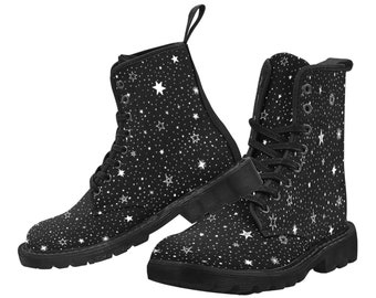 Stars Space Women boots, Constellation Universe Classic Vegan Canvas Lace Up Shoes Festival Print Black Ankle Combat Casual Custom Gift