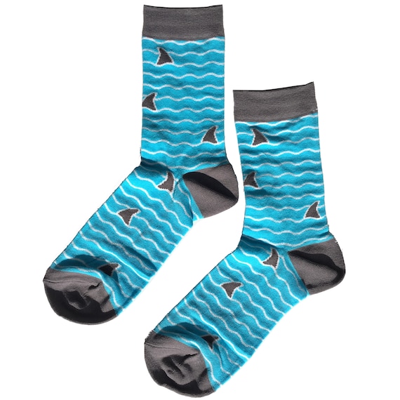Shark Fin Wave Socks, Aqua Blue Cool Crazy funny Men, Women Blue Novelty  Gift Nautical Cute Crew Cotton Socks