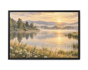 Misty Meadow Lake Wood Framed Canvas, Wildflower Farmhouse Wall Art Print Artwork Decor Small Large Hanging Matte Landscape Square Poster