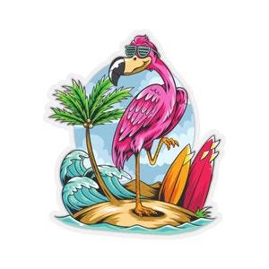 Pink Flamingo Beach Sticker, Character Tropical Laptop Decal Vinyl Cute Waterbottle Car Waterproof Bumper Aesthetic Wall Mural