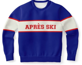 Apres Ski Sweatshirt Sweater, Royal Blue White Retro Vintage Striped Winter Holiday Sports Party Skiing 80s 90s Y2K Cotton Top Clothes