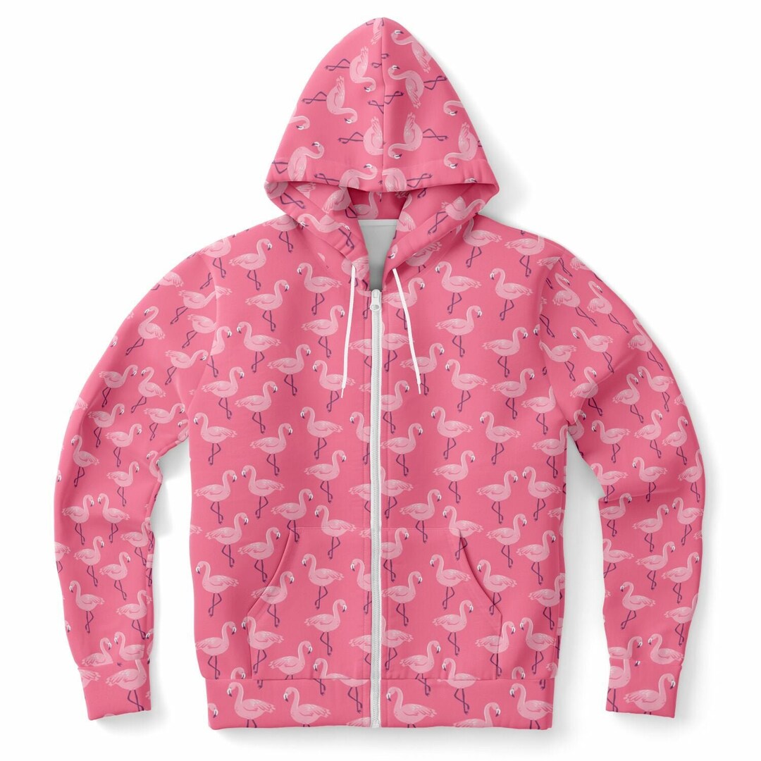 Pink Flamingo Zip up Hoodie, Tropical Birds Full Zipper