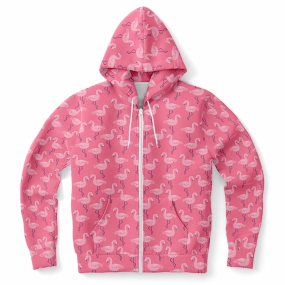 Pink Flamingo Zip up Hoodie, Tropical Birds Full Zipper Pocket Men
