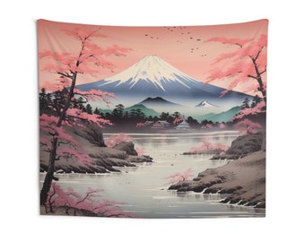 Japanese Tapestry, Mount Fuji Cherry Blossoms Pink Wall Art Hanging Cool Unique Landscape Aesthetic Large Small Bedroom College Dorm