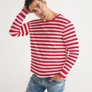 Red And White Striped Men Long Sleeve Tshirt, Thin Horizontal Stripes Unisex Women Designer Guys Graphic Printed Crew Neck Tee Shirt