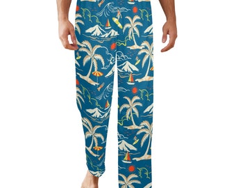 Pantalones de pijamas tropicales para hombres, Ocean Beach Sea Palm Trees Patrón de vacaciones Satén PJ Bolsillos Pantalones para dormir Parejas Pantalones a juego Partes de abajo