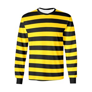 May include: A long-sleeved shirt with black and yellow horizontal stripes.