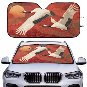 Cranes Red Car Sun Shade, Sun Chinese Birds Front Windshield Coverings Blocker Auto Protector Window Visor Screen Shield Men Women SUV Truck