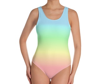 Pastel Rainbow One Piece Swimsuit Women, Tie Dye Ombre Gradient Kawaii Cute Swimming Bathing Suit Colorful Swimwear Female Swim