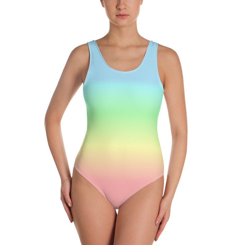 Pastel Rainbow One Piece Swimsuit Women, Tie Dye Ombre Gradient Kawaii Cute Swimming Bathing Suit Colorful Swimwear Female Swim image 1