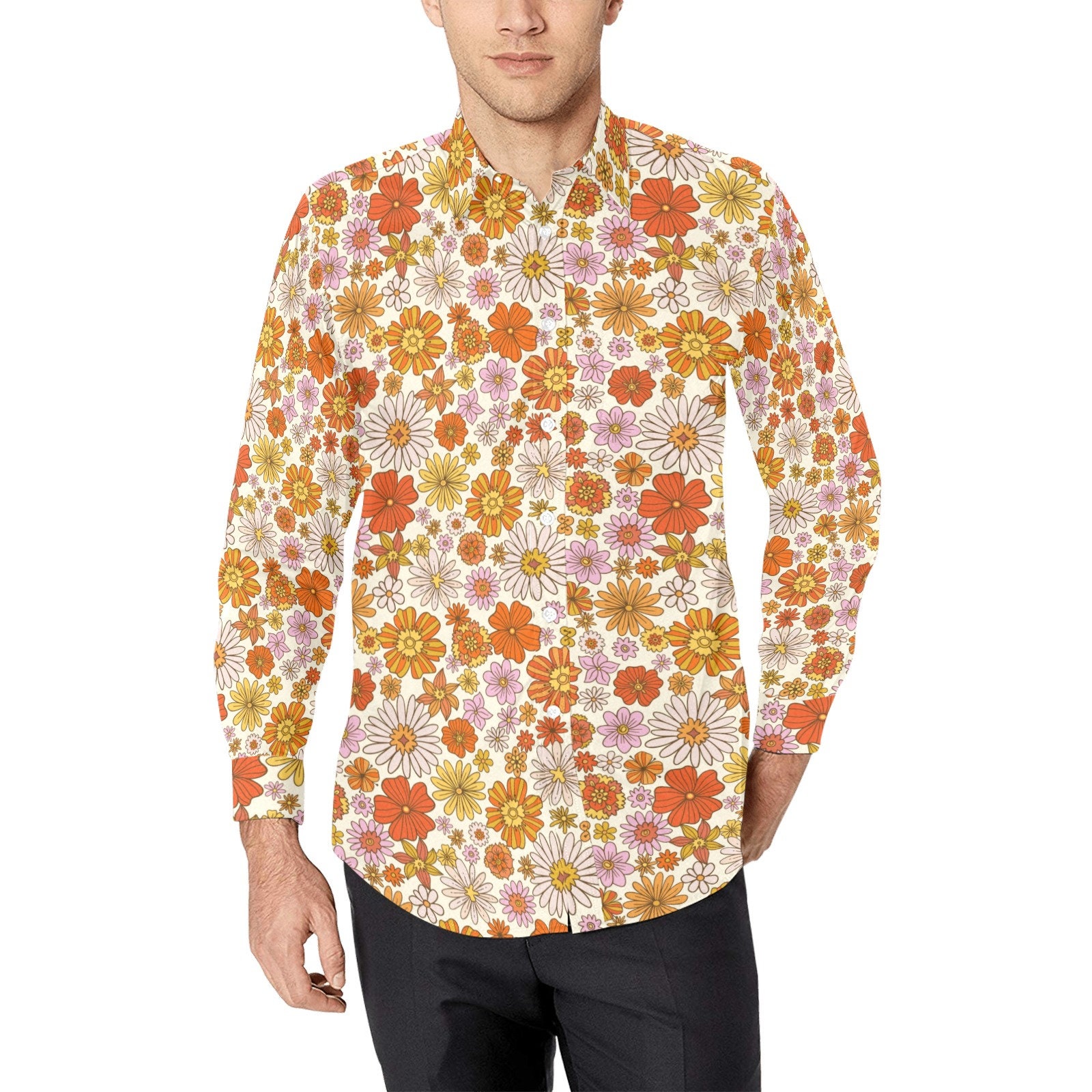 Mens Bloemen Jurk Shirts,Herenmode Shirt Button Down Shirts Kleurrijke Bloemen Patroon Zwart Klassiek Mannen Losse Casual Shirt Met Lange Mouwen Van Toepassing Op Wedding Party Prom Performing Conce