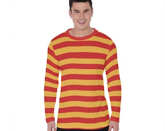Red and Yellow Striped Men Long Sleeve Tshirt, Unisex Guys Women Designer Graphic Aesthetic Printed Crew Neck Tee Shirt
