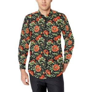 Floral Long Sleeve Men Button Up Shirt, Red Flowers Black Print Casual Buttoned Collared Designer Dress Shirt with Chest Pocket