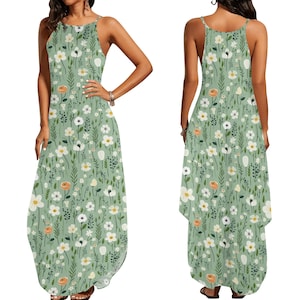 Green Floral Maxi Dress, Women Flowers Sage Green Olive Sleeveless Casual Cute Designer Elegant Plus Size Cocktail Party Summer Designer