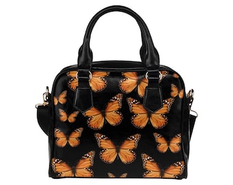 Monarch Butterfly Leather Purse, Women Orange Black Designer Vegan Handbag Animal Print Small Cute Shoulder Ladies Crossbody Bag