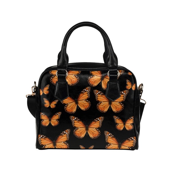 Monarch Butterfly Leather Purse, Women Orange Black Designer Vegan Handbag Animal Print Small Cute Shoulder Ladies Crossbody Bag