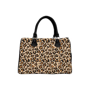 Leopard Print Handtasche, Animal Gepard Canvas und Leder Top Henkel Boston Barrel Type Designer Accessoire Damen Tasche