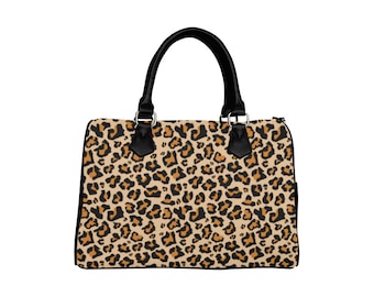 Leopard Print Purse Handbag, Animal Cheetah Canvas and Leather Top Handle Boston Barrel Type Designer Accessory Women Bag