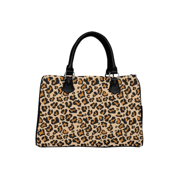 Leopard Print Purse Handbag, Animal Cheetah Canvas and Leather Top Handle  Boston Barrel Type Designer Accessory Women Bag 