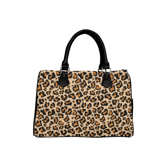 Leopard Print Purse Handbag Animal Cheetah Canvas and Leather Top Handle Boston Barrel Type Designer Accessory Women Bag Etsy