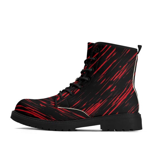 Red Black Men Leather Boots, Stipes Vegan Lace up Shoes  display picture 2