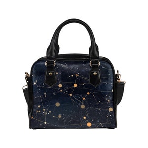 Sac à main constellation, espace galaxie étoiles motif or noir petit sac bandoulière zippé en cuir végétalien femme sac à main de designer dames