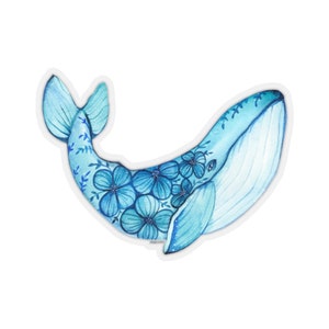 Blue Humpback Whale Sticker, Flowers Watercolor Laptop Decal Vinyl Cute Waterbottle Tumbler Car Bumper Aesthetic Label Wall Mural