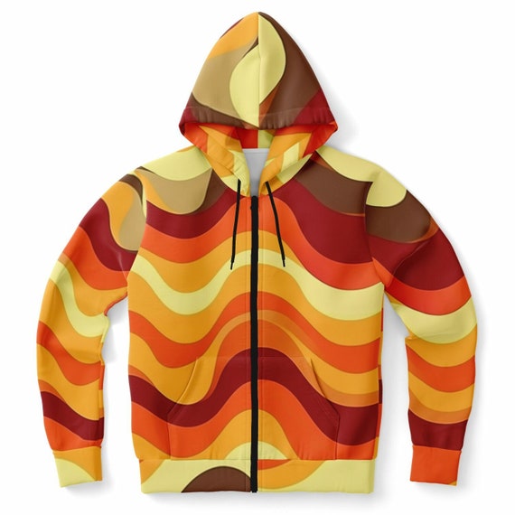 70s Retro Zip up Hoodie, Wavy Stripes Orange Brown Vintage Full