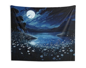 Dark Blue Night Sky Tapestry, Moon Dandelion Flowers Lake Wall Art Hanging Cool Unique Landscape Aesthetic Large Small Decor Bedroom Dorm