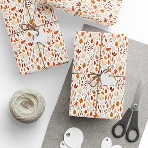 Fall Leaves Wrapping Paper, Brown Orange White Autumn Thanksgiving Print Art Packing Holiday Gift Wrap Decor Vintage Present Wrapper Roll