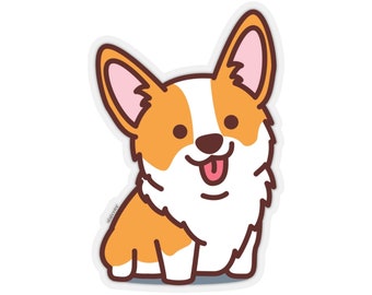 Corgi Puppy Sticker, Happy Dog Laptop Decal Vinyl Cute Waterbottle Tumbler Car Bumper Aesthetic Die Cut Wall Mural Small Large Kids Window