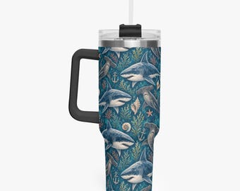 Shark 40 oz Tumbler Handle Straw, Great White Hammer Sea Ocean Animals Stainless Steel Cup Travel Mug Coffee Insulated Sublimation Office