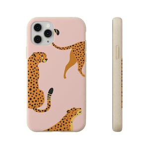 Cheetah Pink iPhone 15 14 13 Pro Case, leopard 12 11 Vegan Biodegradable Samsung Galaxy S20 S22 S21 Eco Friendly Compostable Cell Phone