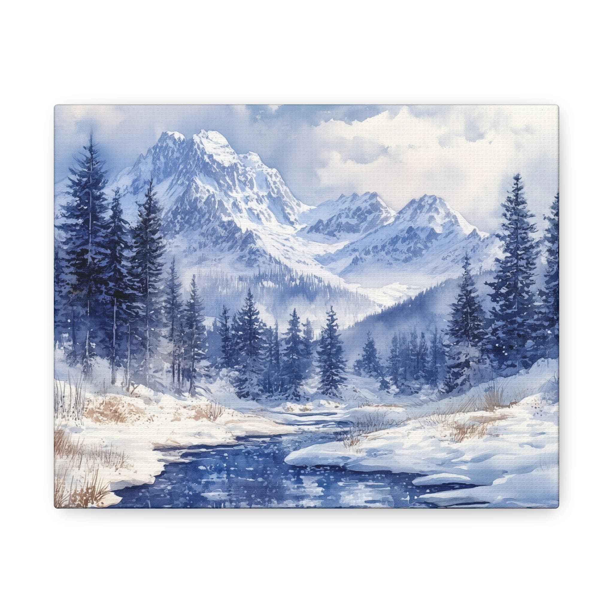 Winter Canvas Gallery Wrap, Snowy Mountain River Pine Trees Scene ...