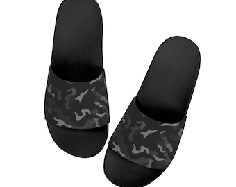 Black Camo Men Slides Sandals, Grey Camouflage Designer Beach Shower Shoes Flat Wedge Slippers Vegan Casual Flip Flops Slip On