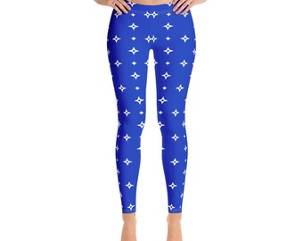 Royal Blue Stars Leggings for Women, Monogram Printed Yoga Pants Cute Print Graphic Workout Running Gym Designer Tights Gift Her Activewear